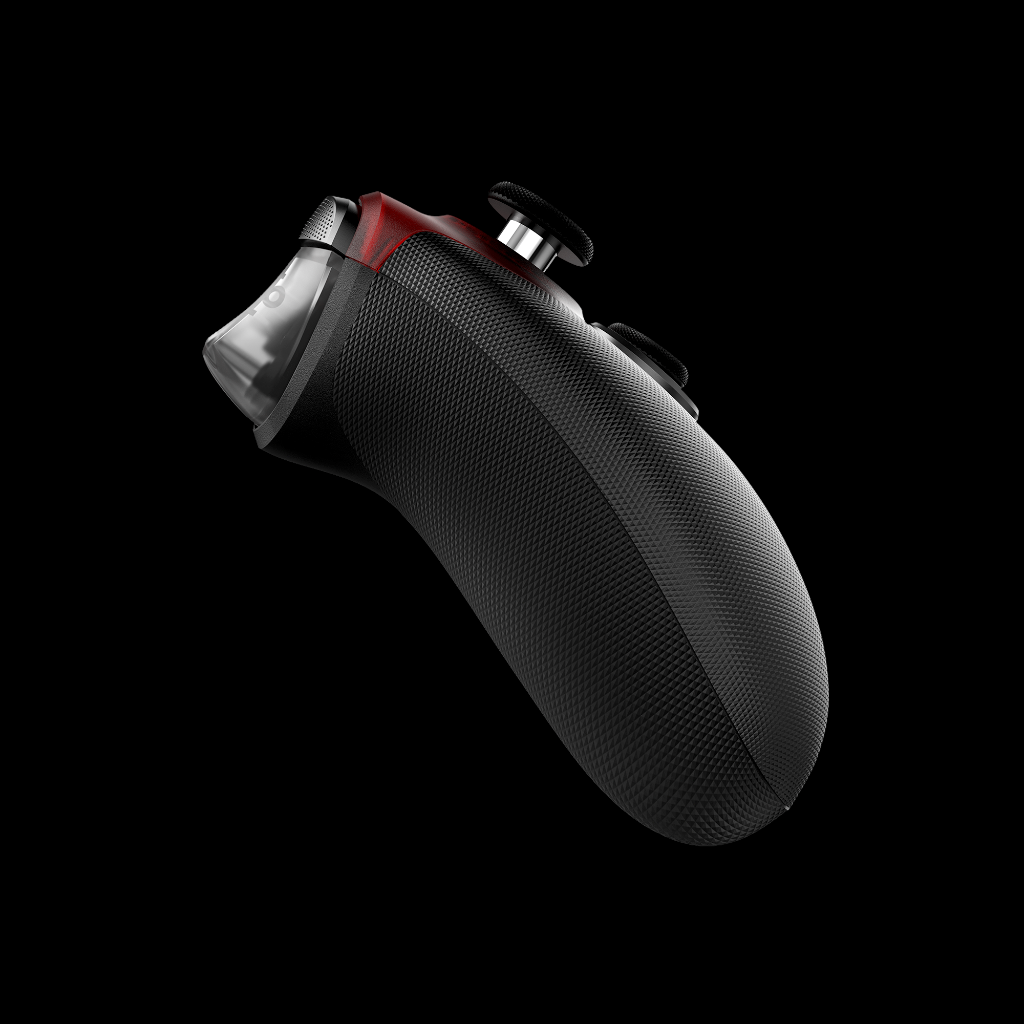 Schwarzer Gamecontroller mit strukturierter Grifffläche, rotem Akzent und transparentem Knopfbereich, isoliert auf schwarzem Hintergrund.