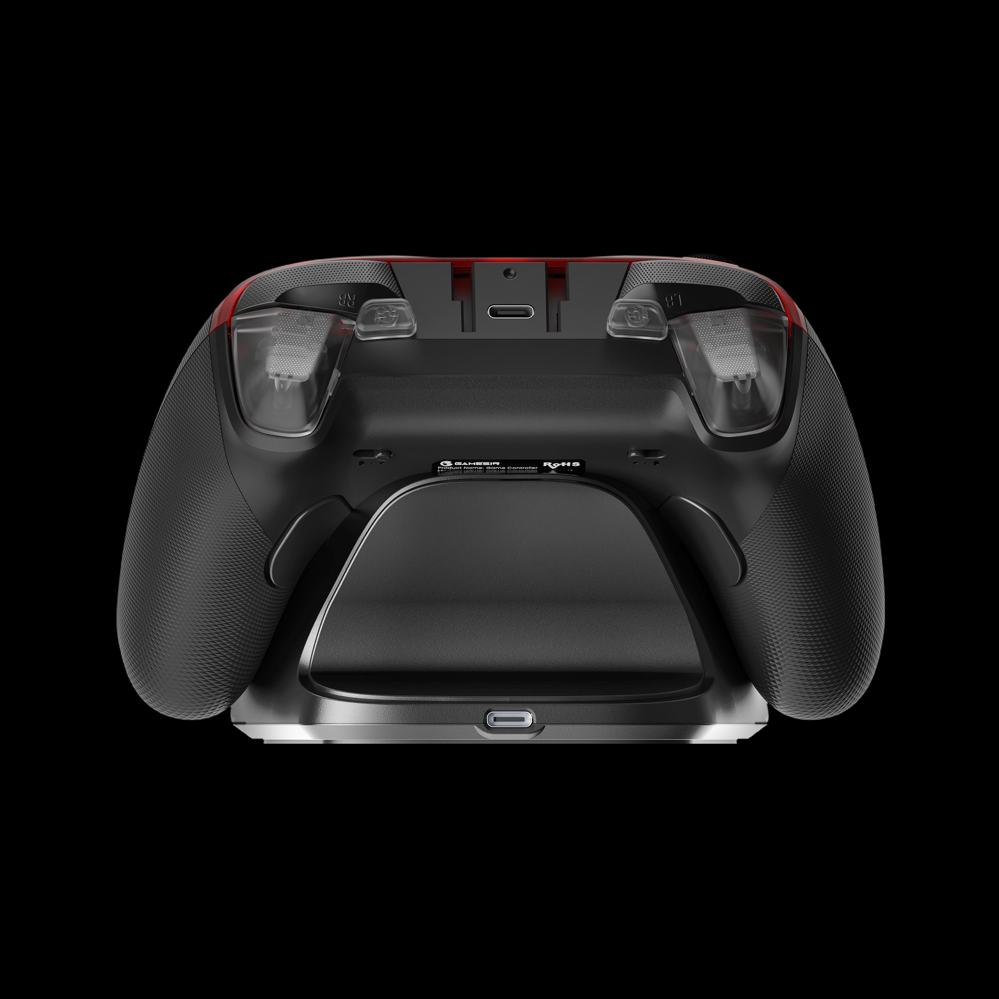 Schwarzer Gamecontroller auf schwarzem Hintergrund. Rote Akzente oben, mit Knöpfen und Ladestation sichtbar.