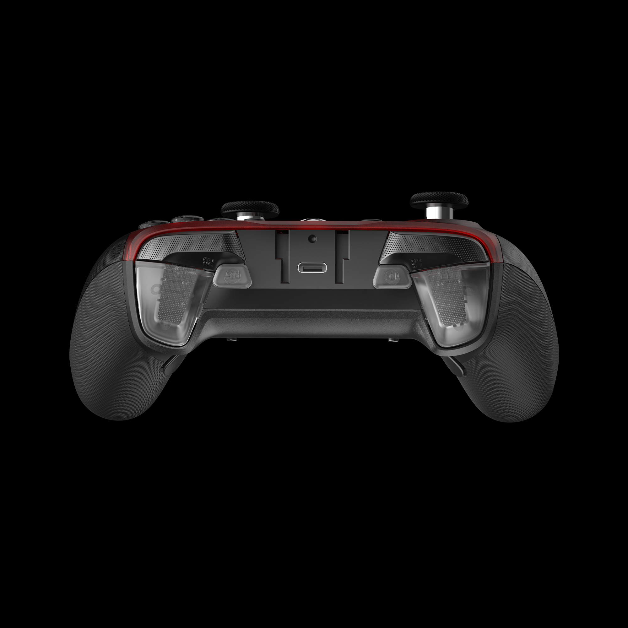 Ein schwarzer und roter Gaming-Controller, symmetrisches Design, klare Auslöser, strukturierte Griffe und zwei schwarze Joysticks, isoliert auf Schwarz.