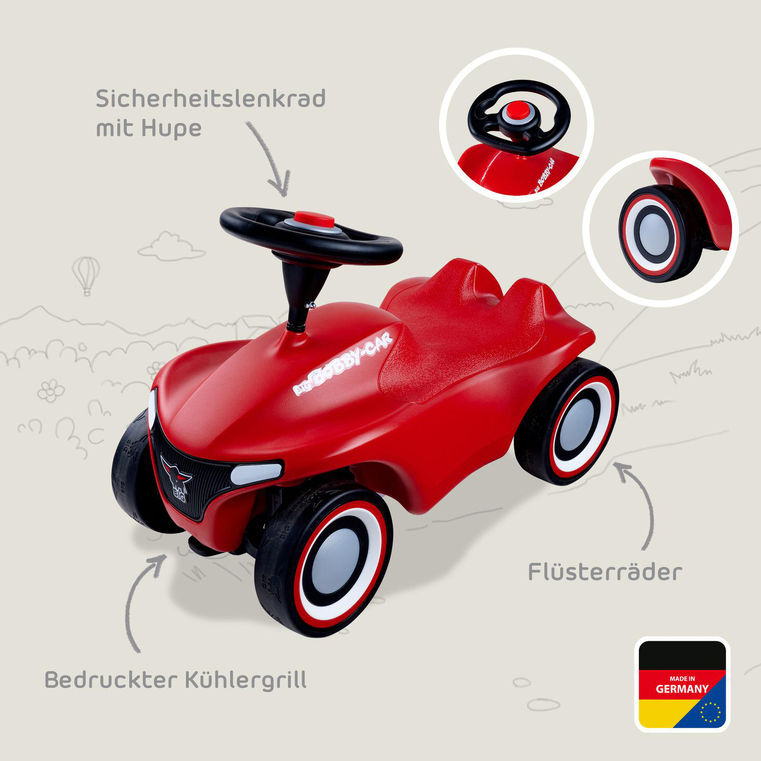 Ein rotes Spielzeugauto mit schwarzen Rädern, einem Lenkrad und einem bedruckten Kühlergrill, mit einem Made in Germany-Abzeichen.