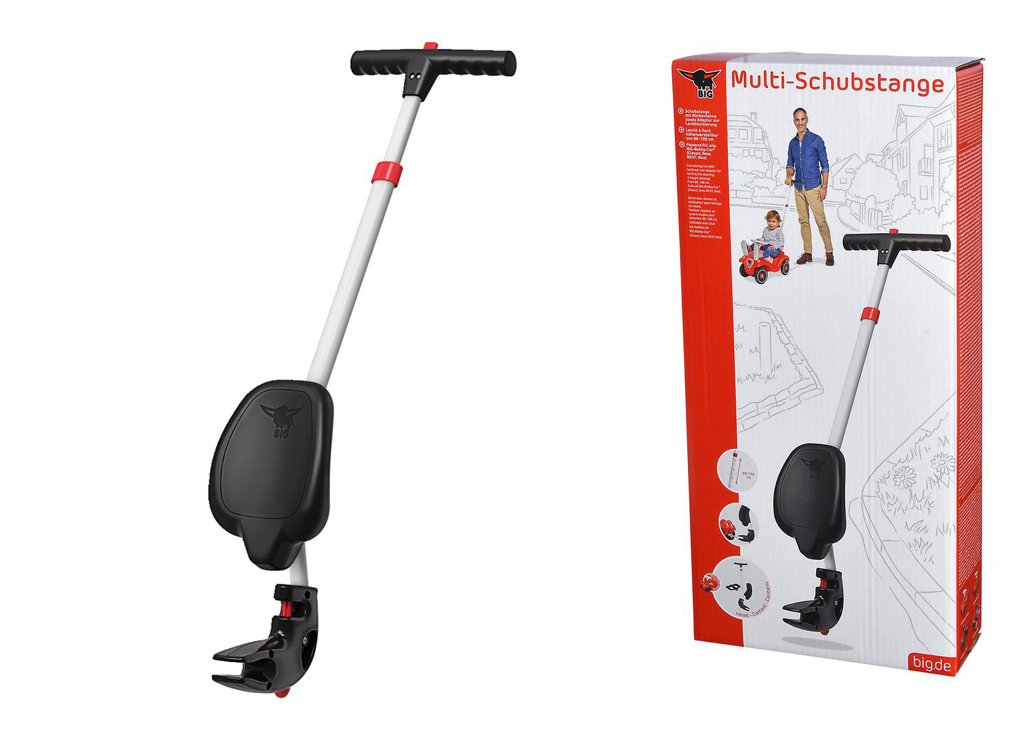 Ein weißer und schwarzer Schieber mit Sitz und eine Produktbox mit einem Mann, der ein Kind in einem roten Auto schiebt.