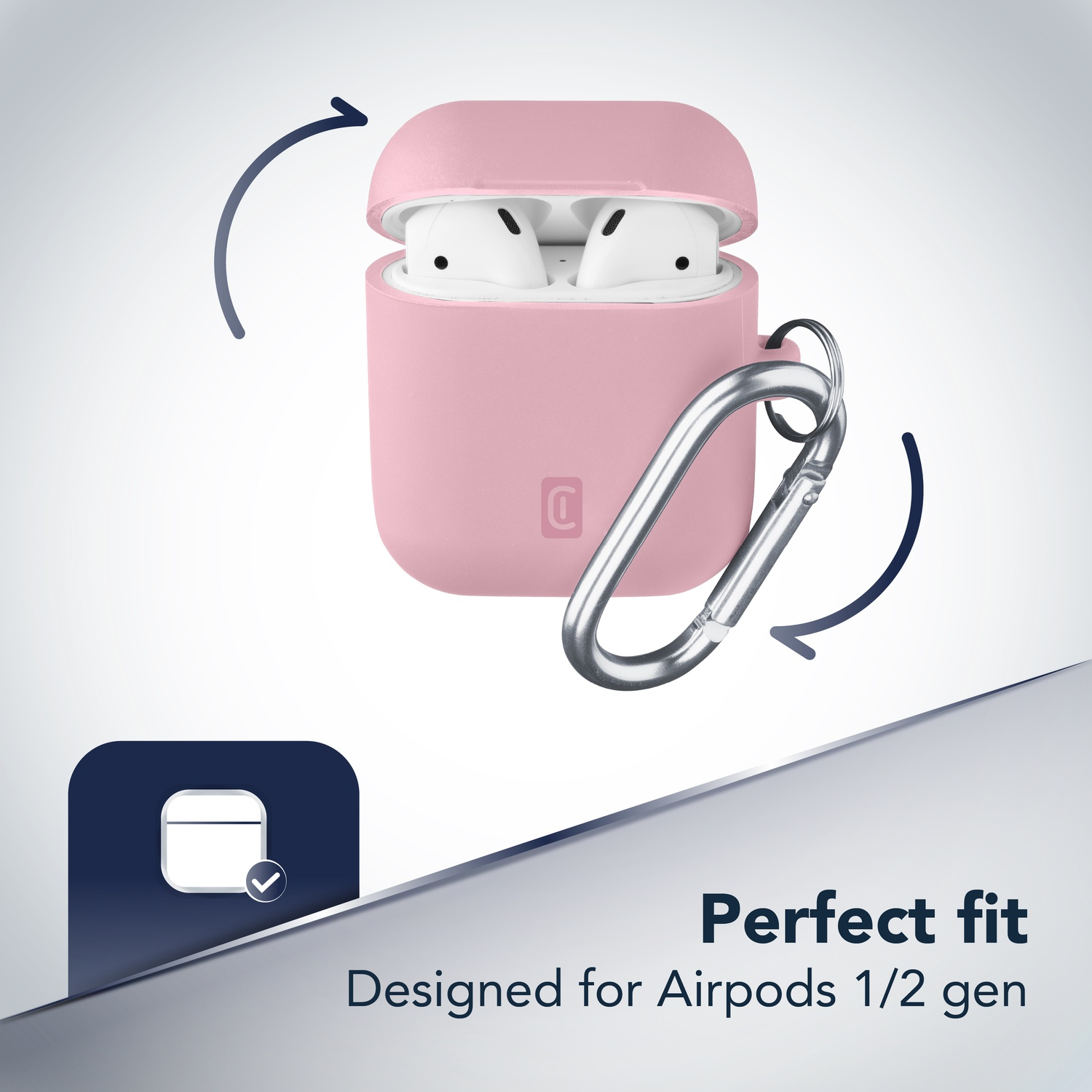 Custodia rosa per AirPods con auricolari bianchi all'interno. Moschettone d'argento attaccato. Il testo dice 'Vestibilità perfetta' e 'Progettato per Airpods 1/2 gen'.
