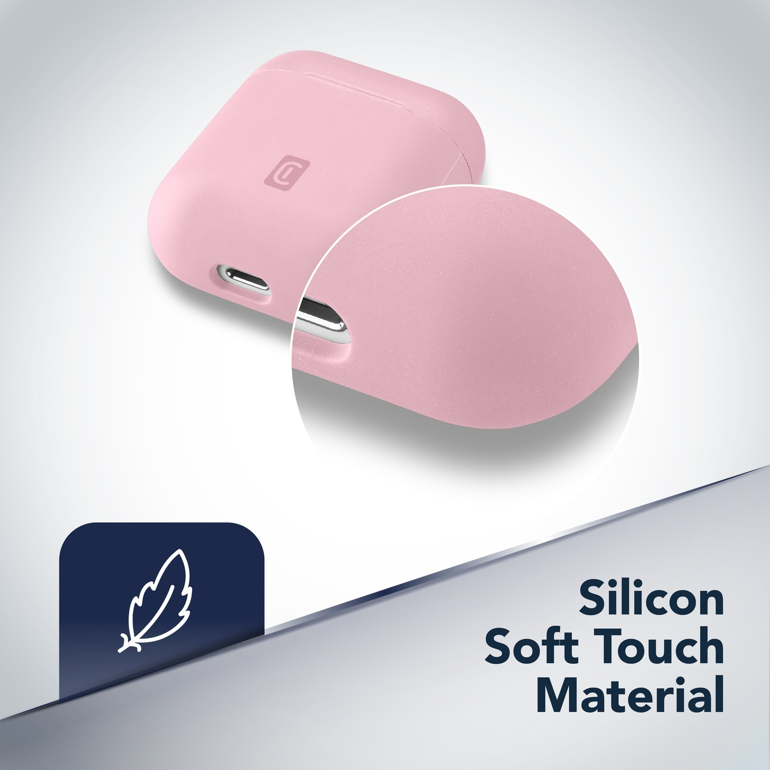 Custodia AirPods in silicone rosa. Primo piano mostra la trama. Testo: Silicon Soft Touch Material. Icona piuma a sinistra.
