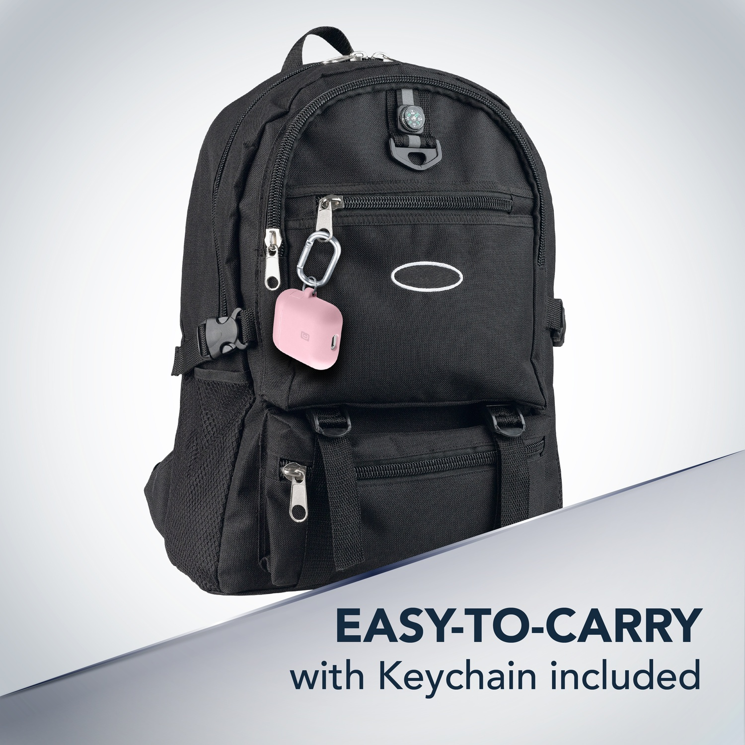 Zaino nero con custodia rosa appesa a un moschettone argentato. Testo in basso: 'EASY-TO-CARRY with Keychain included'.