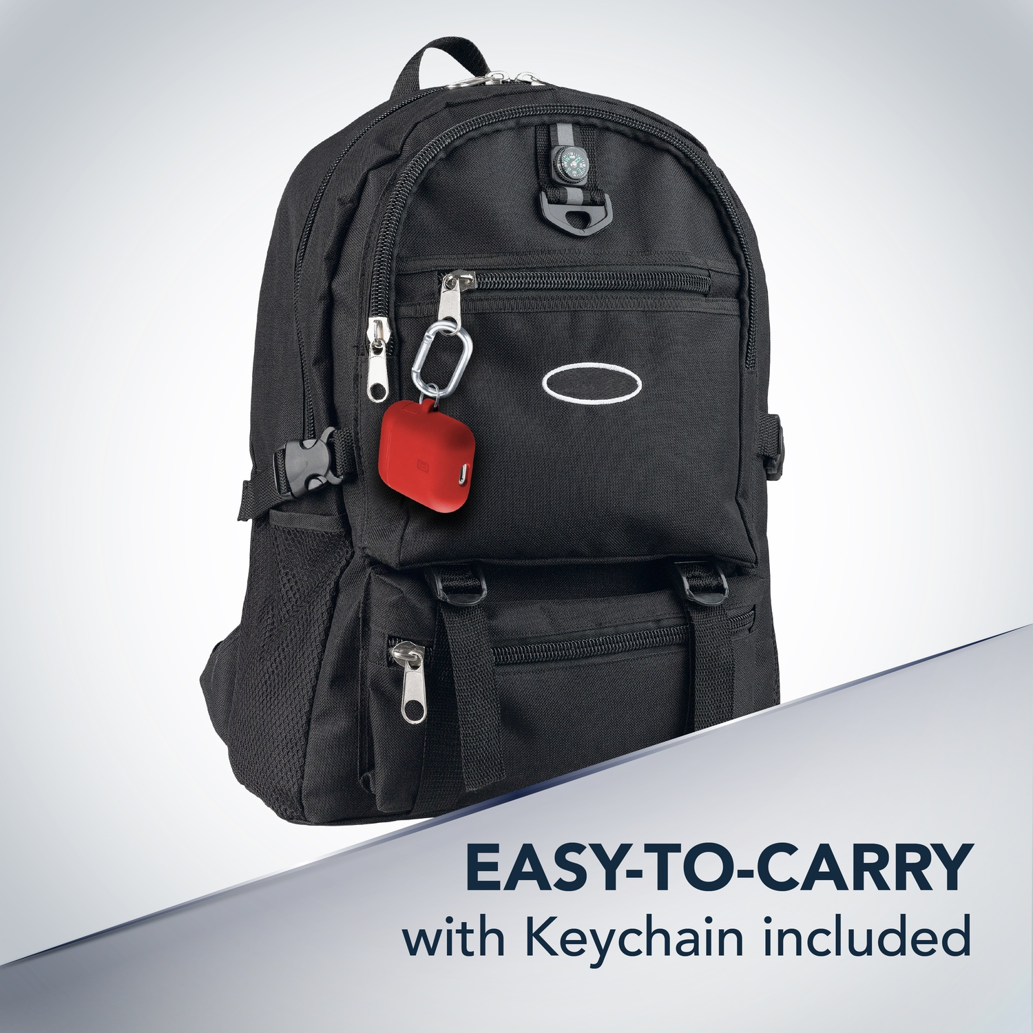 Zaino nero con custodia portachiavi rossa attaccata. Il testo recita: EASY-TO-CARRY with Keychain included.