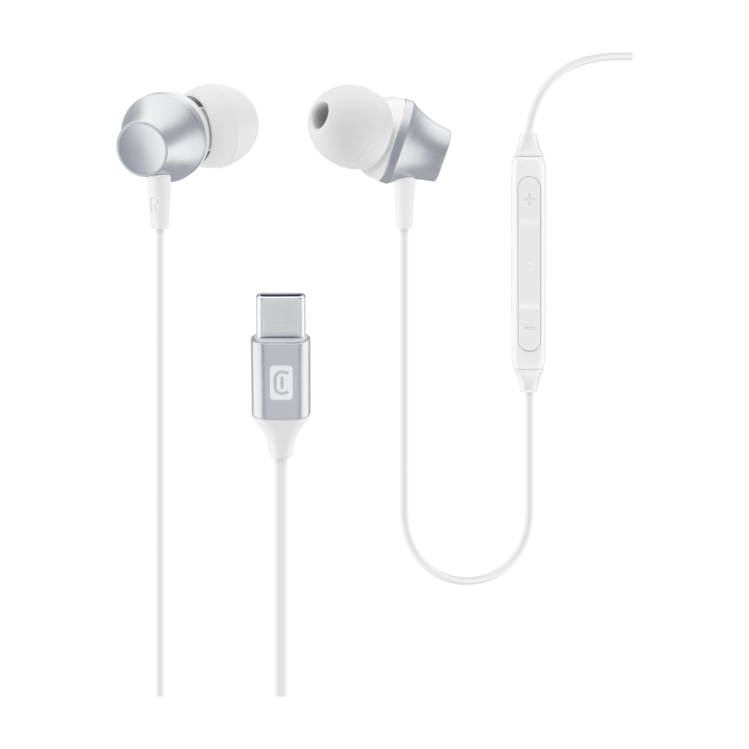 Auricolari bianchi con dettagli argentati e connettore USB-C. Controllo volume sul cavo. Sfondo bianco.