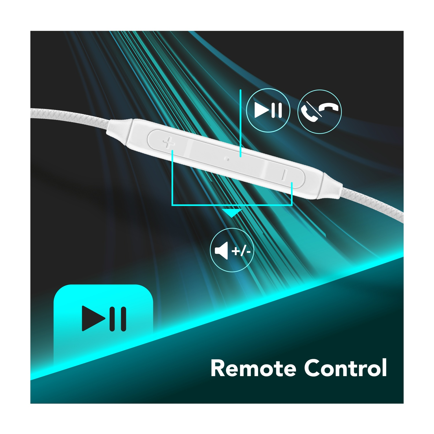 Telecomando bianco con icone di riproduzione, chiamata e volume. Il testo dice 'Remote Control' su sfondo sfumato teal e nero.