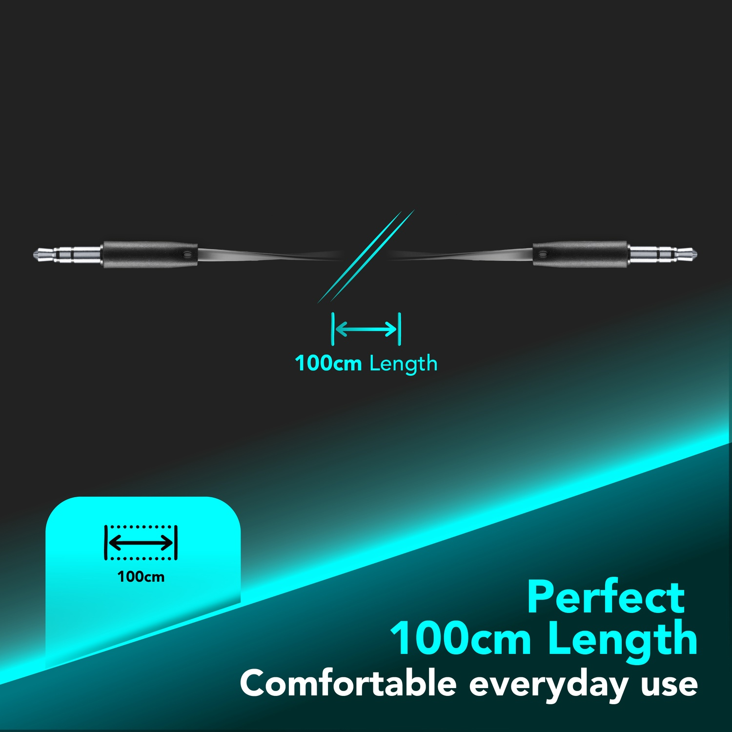 Un cavo audio da 100 cm con connettori neri. Testo: 'Lunghezza perfetta 100 cm, uso quotidiano confortevole' su sfondo scuro sfumato.