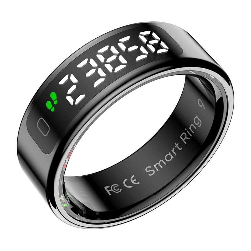 Fekete okosgyűrű digitális kijelzővel. Ezüst fém szegéllyel rendelkezik, és a 'Smart Ring' felirat látható rajta.