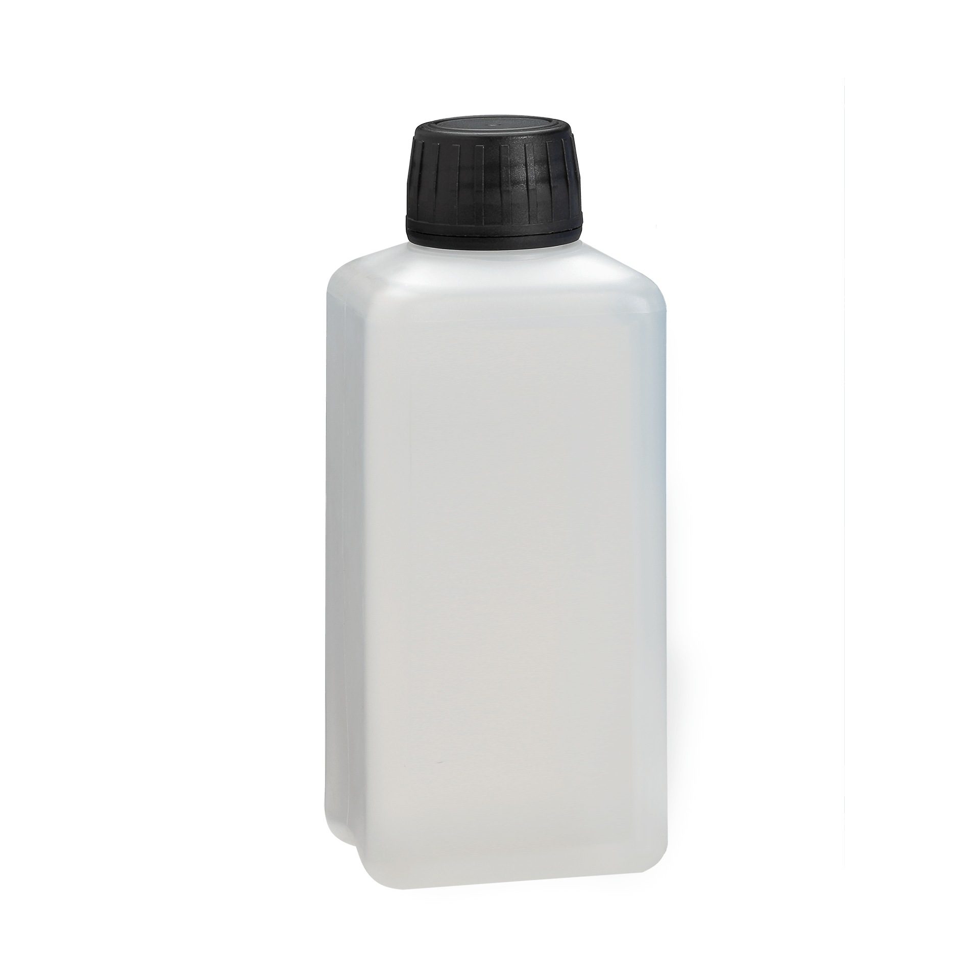 Eine weiße, rechteckige Flasche mit schwarzem Deckel auf schwarzem Hintergrund. Die Flasche scheint leer zu sein.