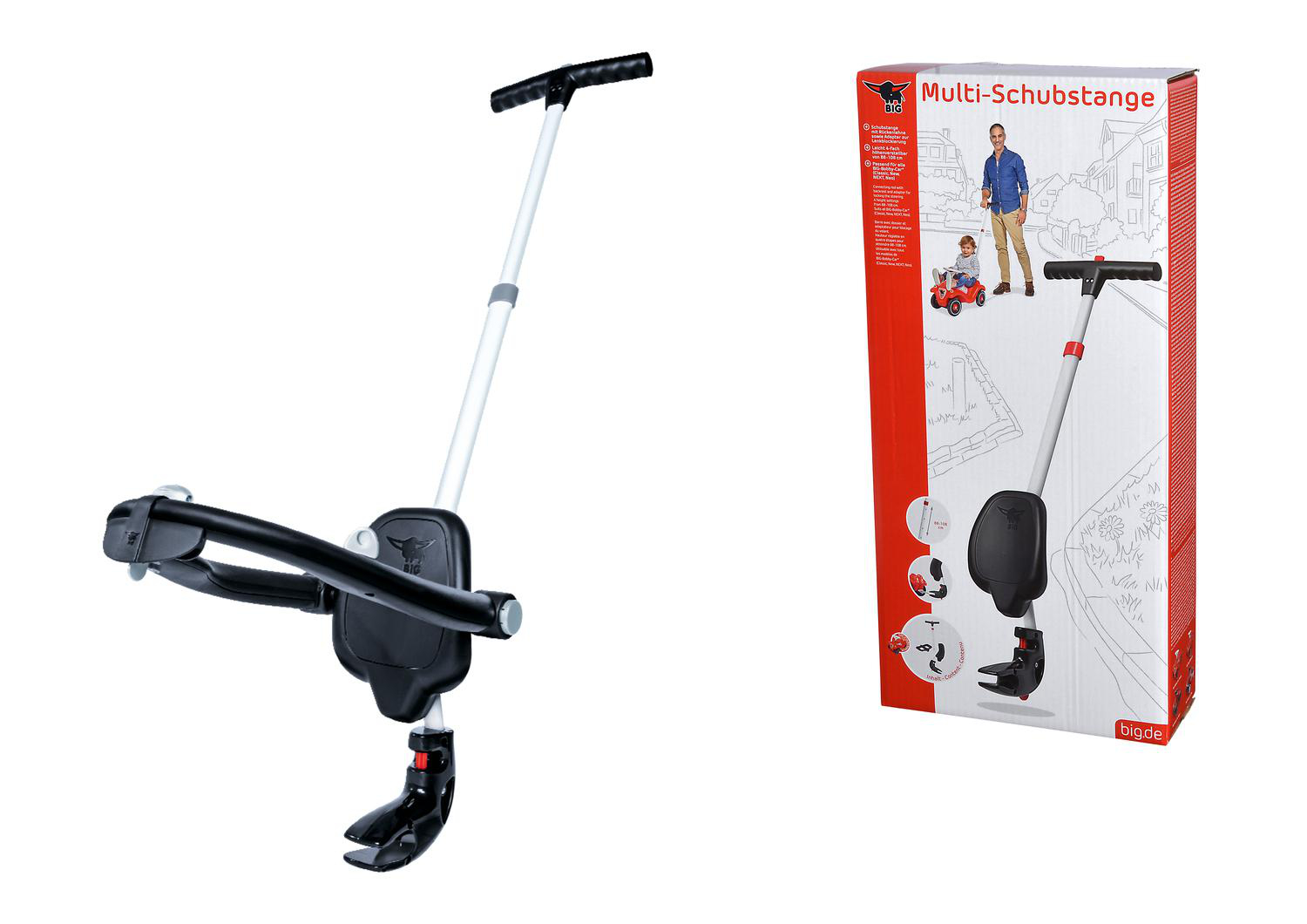 Ein Schiebestab für ein Kinderauto, neben seiner Verpackung. Die Verpackung zeigt einen Mann, der ein Kind in einem roten Auto schiebt.
