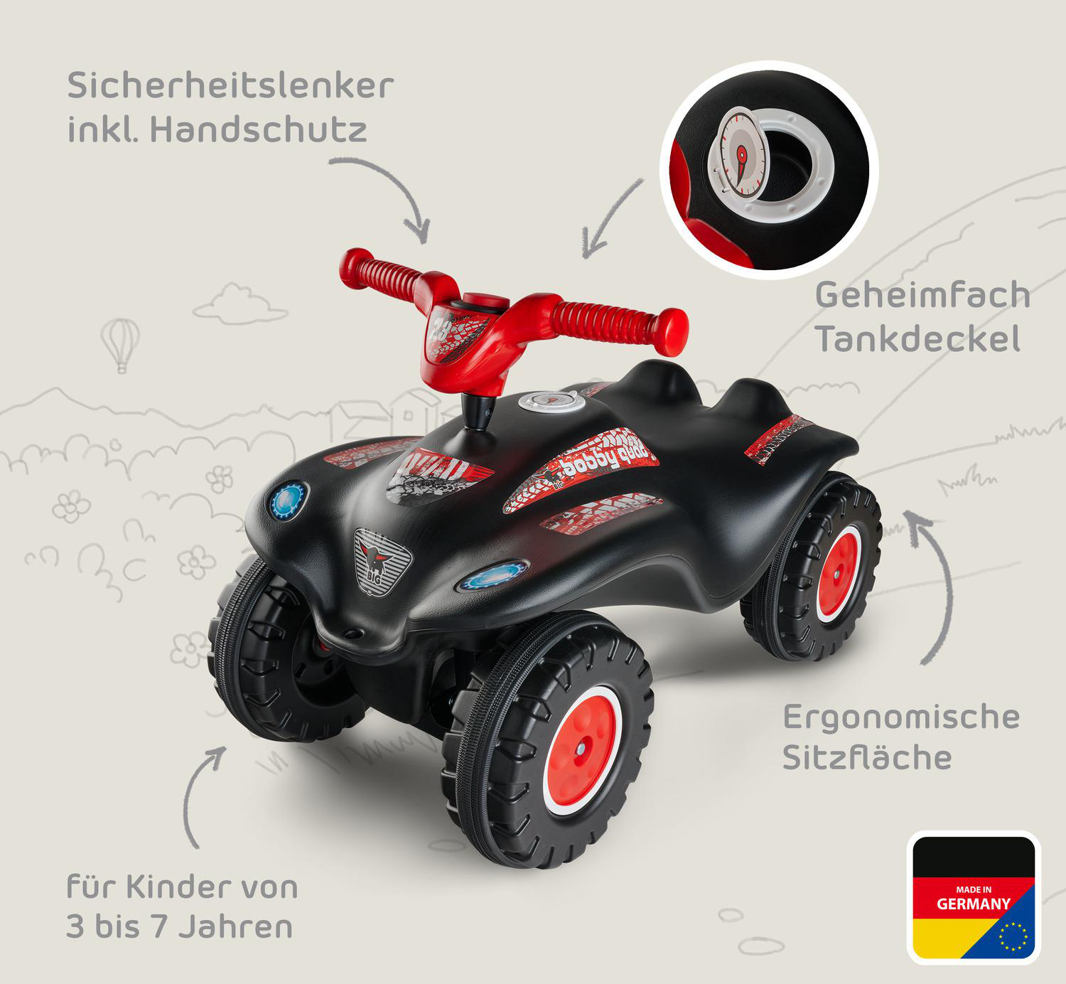 Schwarzes und rotes Spielzeugauto mit roten Lenkern und Rädern, für Kinder von 3-7 Jahren. Hergestellt in Deutschland.