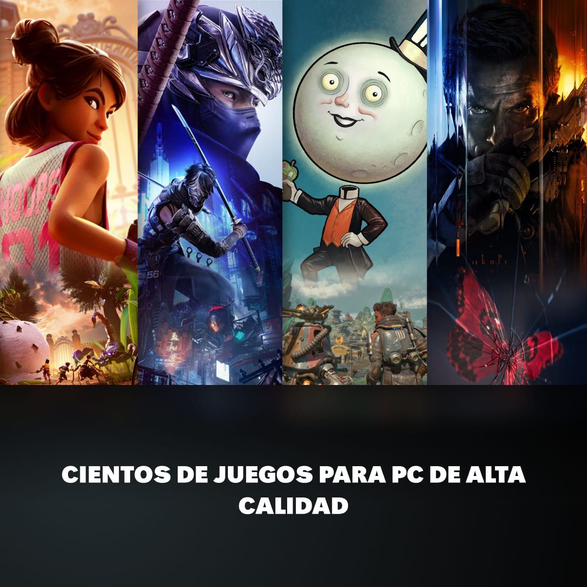 La imagen presenta un collage de personajes y arte de juegos. Incluye una niña, un ninja, un personaje lunar y un hombre con una mariposa.