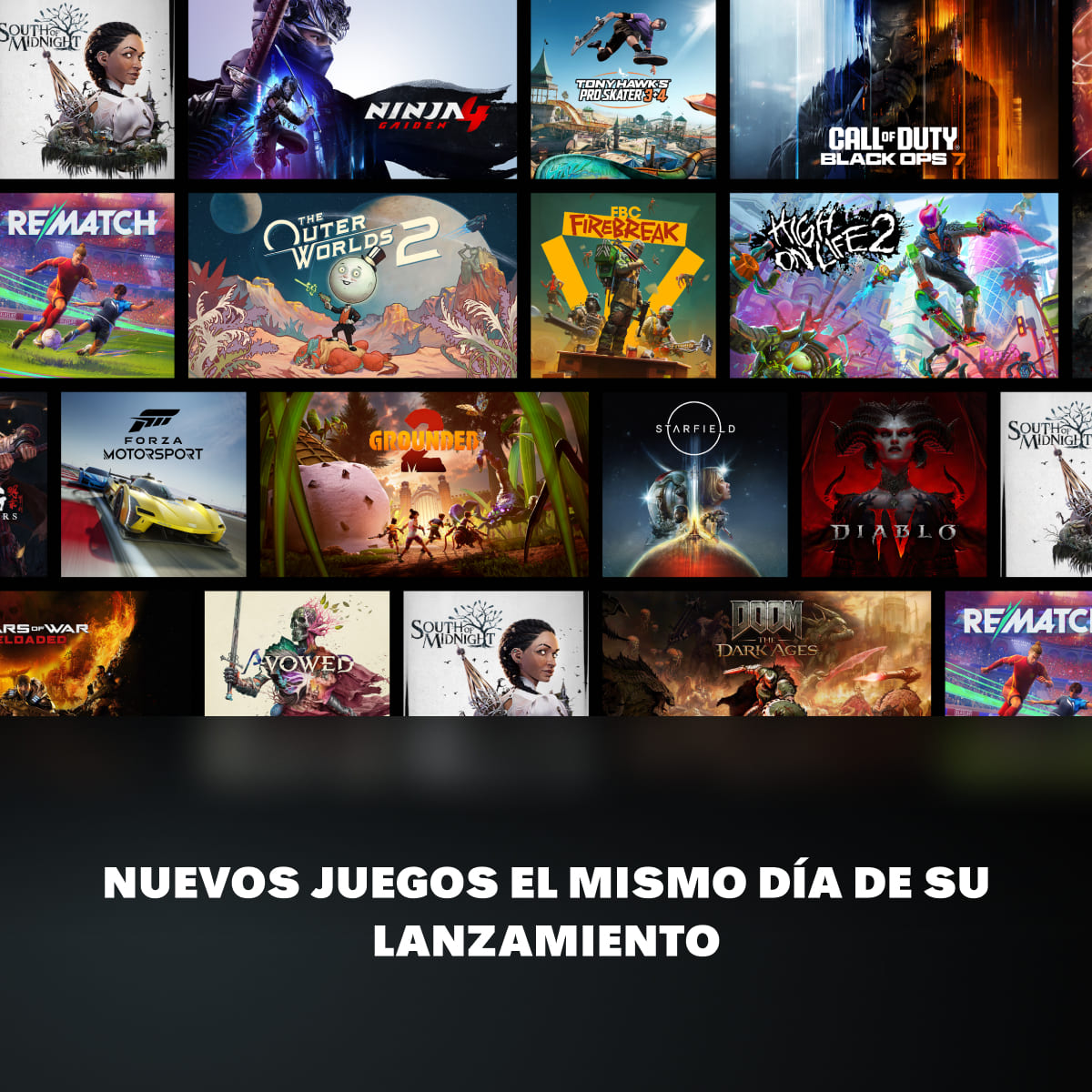 Imagen que muestra múltiples portadas de videojuegos, incluyendo 'South of Midnight', 'Ninja Gaiden' y 'Diablo', con texto: 'Nuevos juegos'.