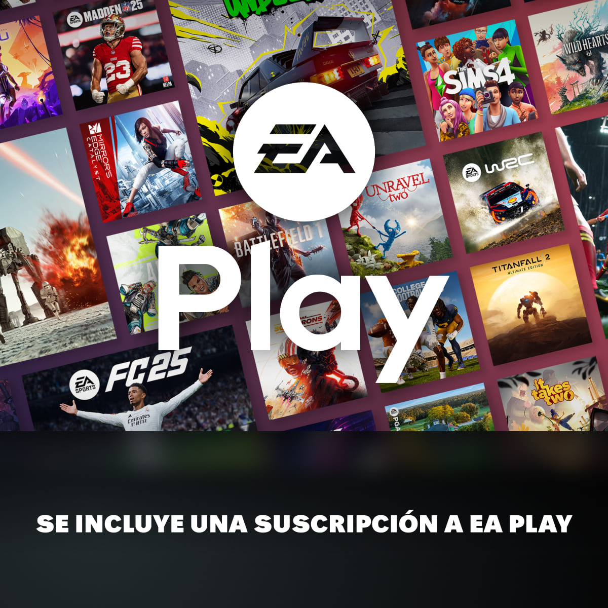 Imagen promocional de EA Play. Varias portadas de juegos rodean el logo de EA y la palabra 'Play'. Texto abajo dice 'SE INCLUYE UNA SUSCRIPCIÓN A EA PLAY'.