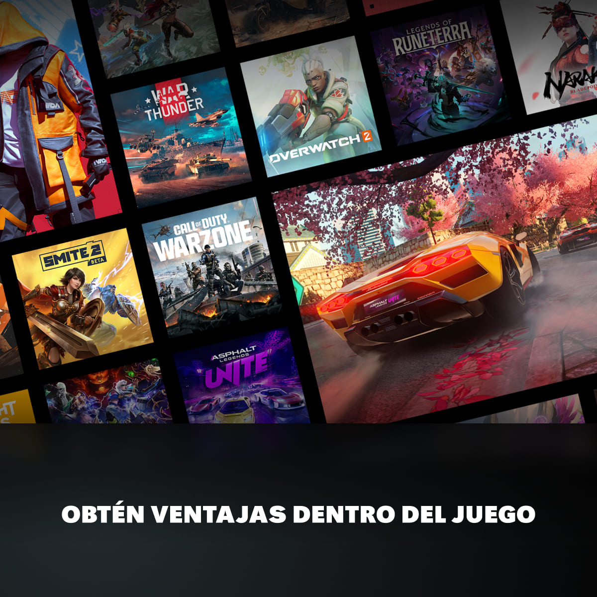 La imagen muestra varias portadas de juegos, incluyendo Overwatch, Call of Duty y Asphalt. Un coche deportivo amarillo se destaca.