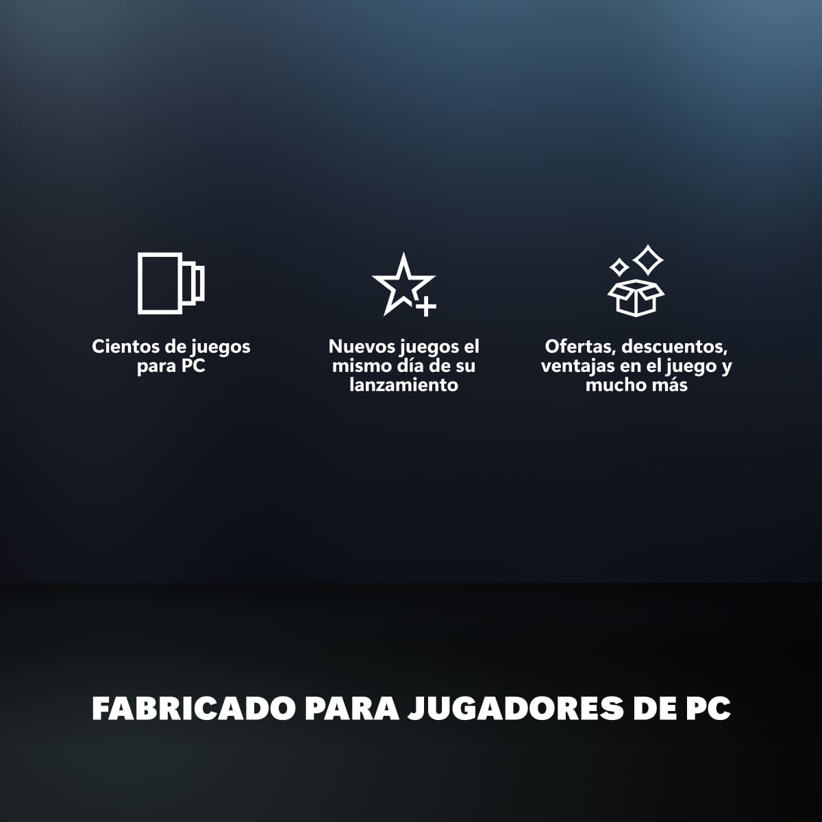 Imagen con iconos y texto blancos sobre fondo oscuro. El texto resalta juegos, descuentos y lanzamientos, orientado a jugadores de PC.