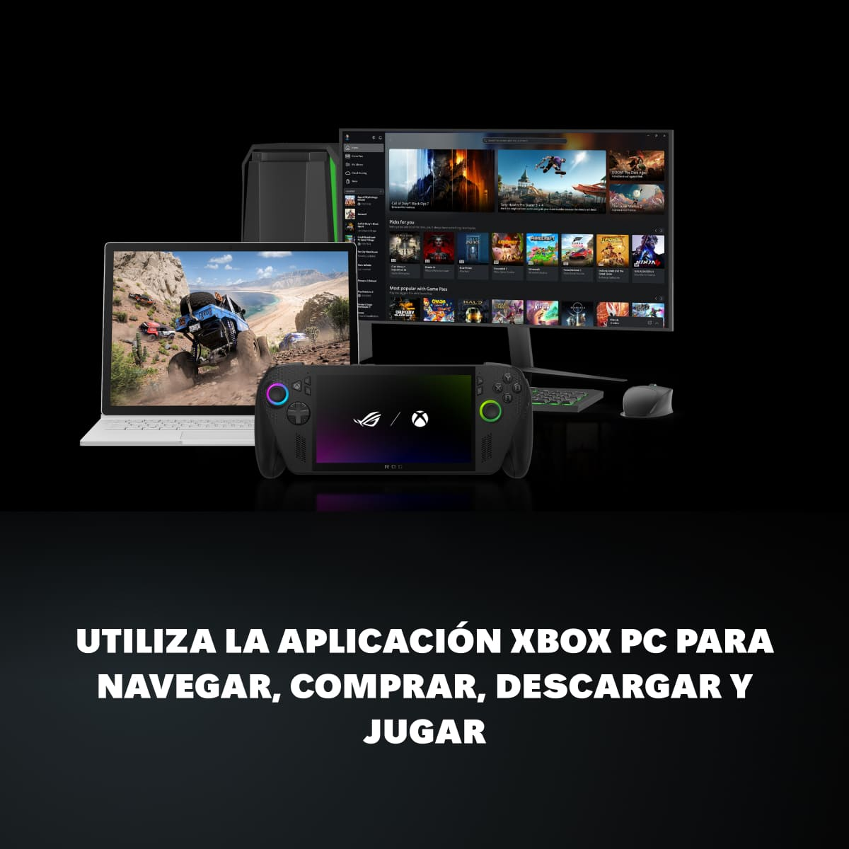 Configuración de juego: portátil, consola portátil, monitor y PC. El texto inferior dice 'Usa la app Xbox PC para navegar, comprar, descargar y jugar'.