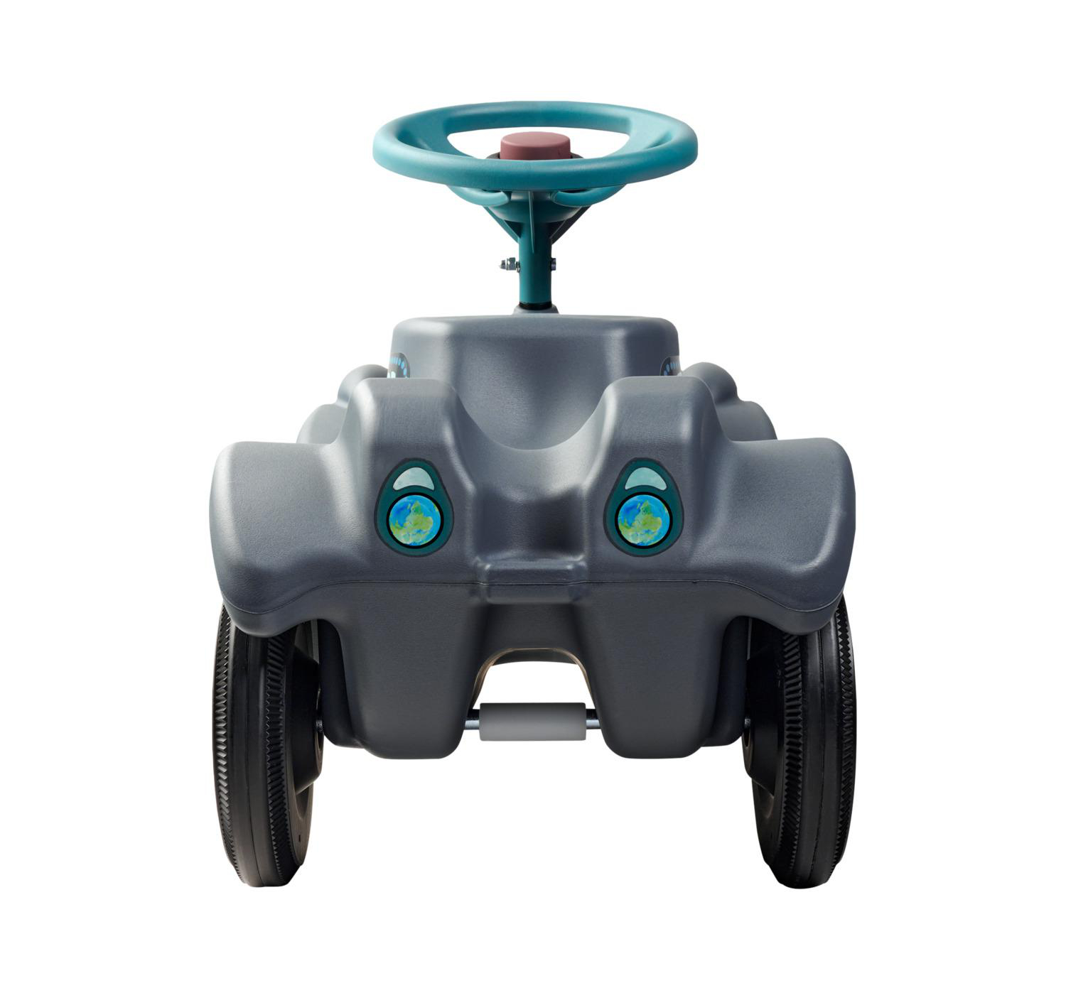 Ein graues Spielzeugauto mit schwarzen Rädern, einem türkisfarbenen Lenkrad und Erdgrafiken auf der Vorderseite.