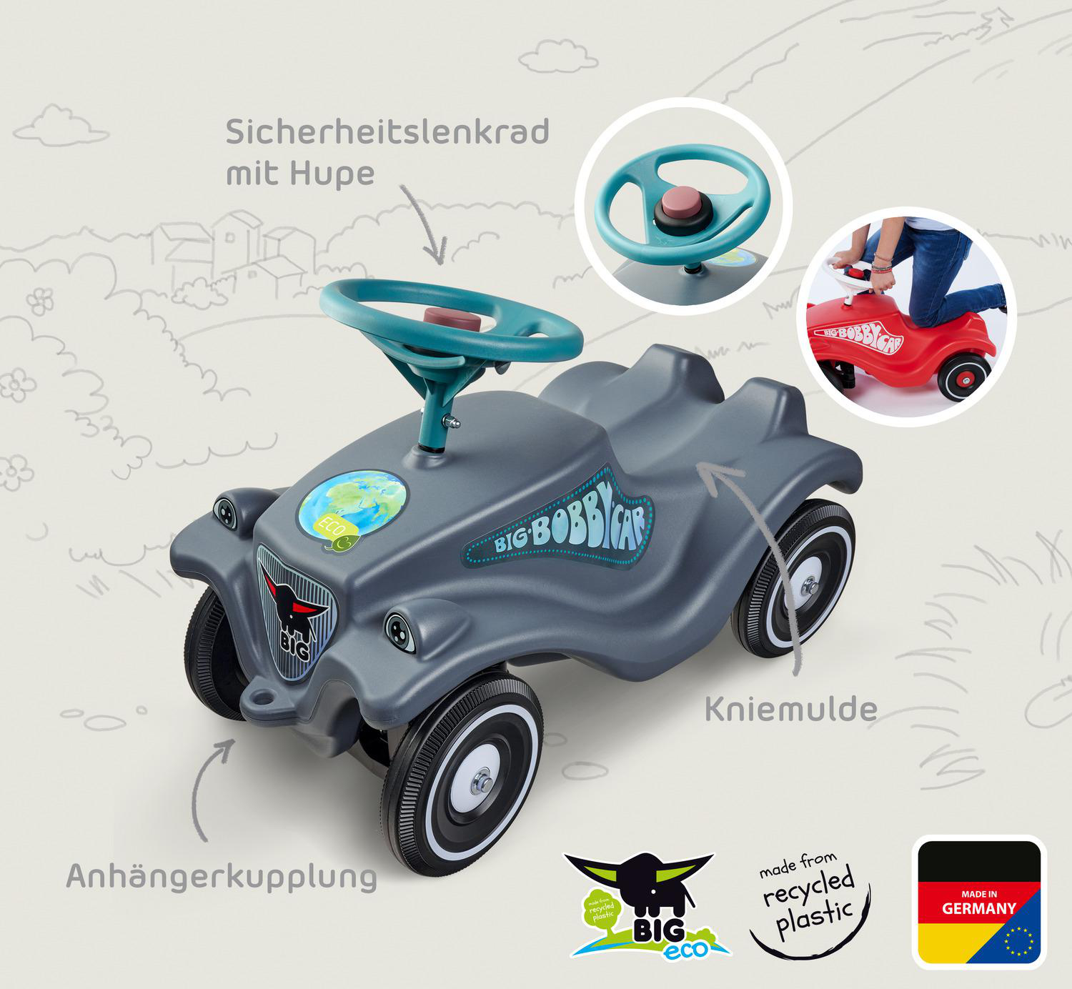 Ein graues BIG Bobby Car mit blauem Lenkrad, ein rotes Auto in Gebrauch und Textbeschriftungen.