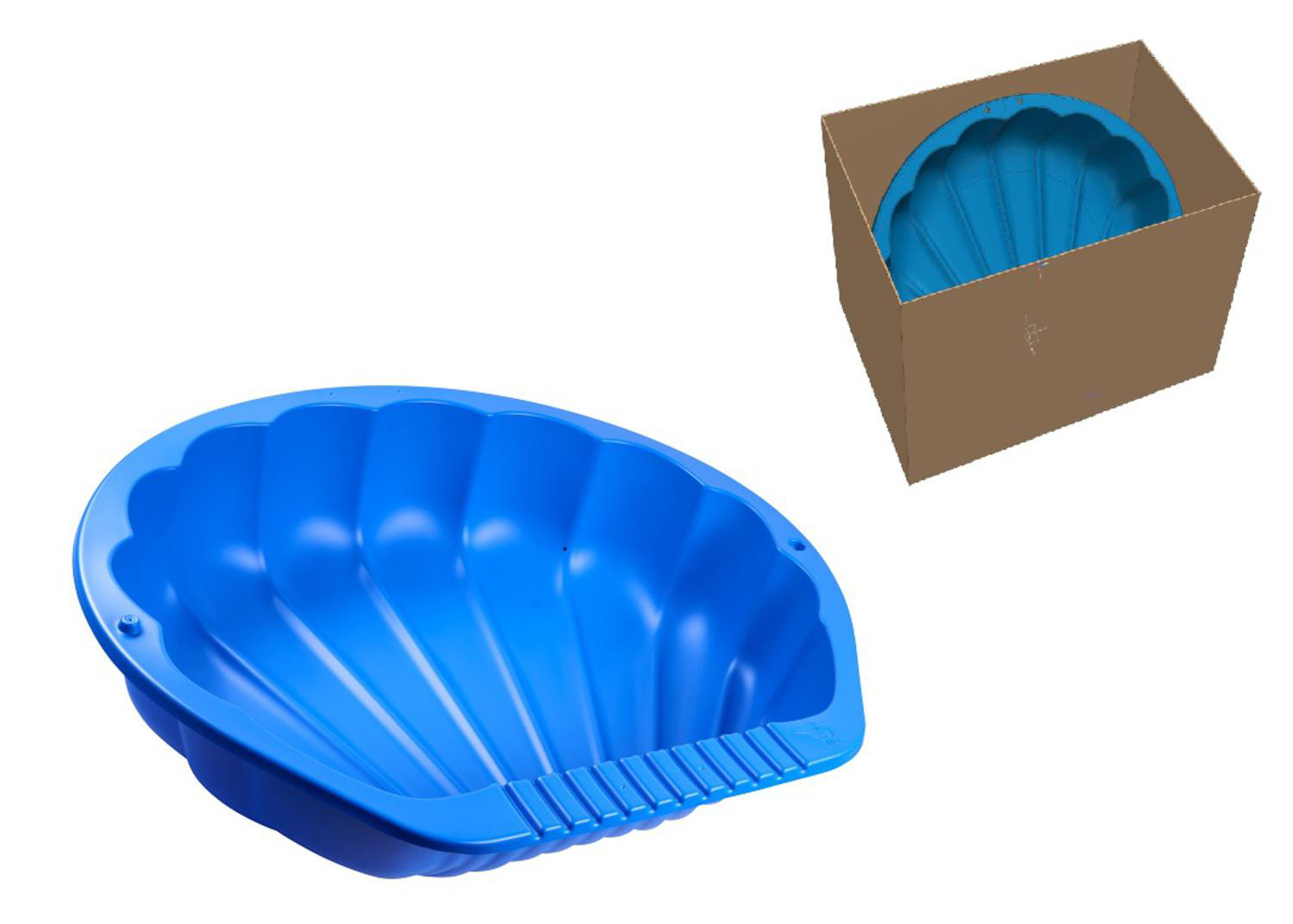 Ein blauer, muschelförmiger Sandkasten. Ein zweiter in einem Pappkarton. Weißer Hintergrund.