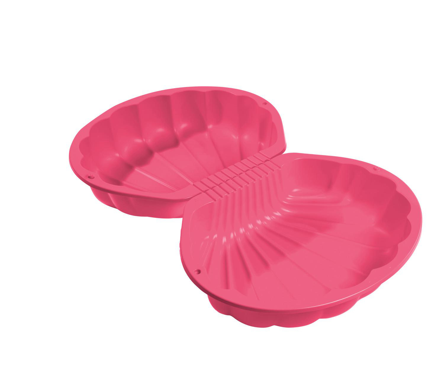 Eine rosa Muschel-förmige Sandform, offen mit Rippen innen.