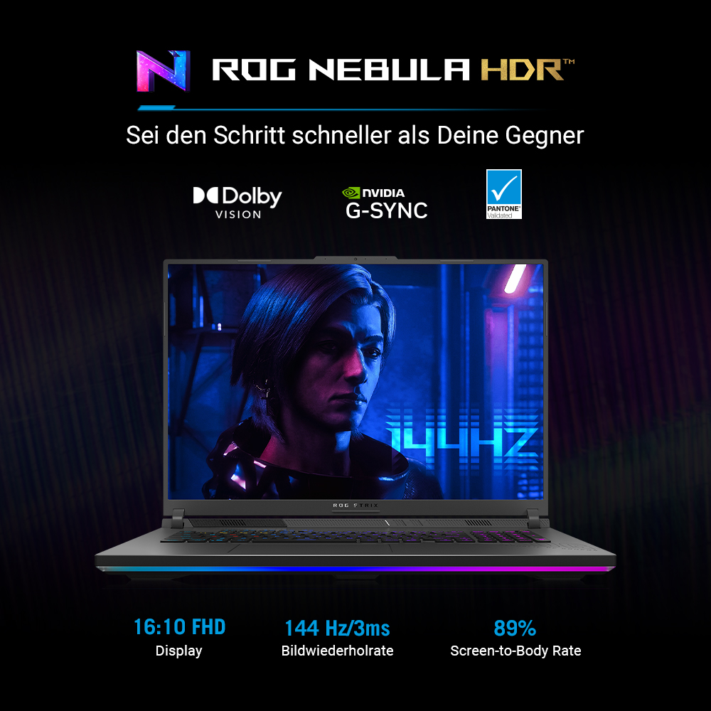 Laptop-Bildschirm zeigt ein Gesicht. Text unten: 16:10 FHD, 144 Hz/3ms, 89% Screen-to-Body Rate. Logos: Dolby, NVIDIA G-SYNC.