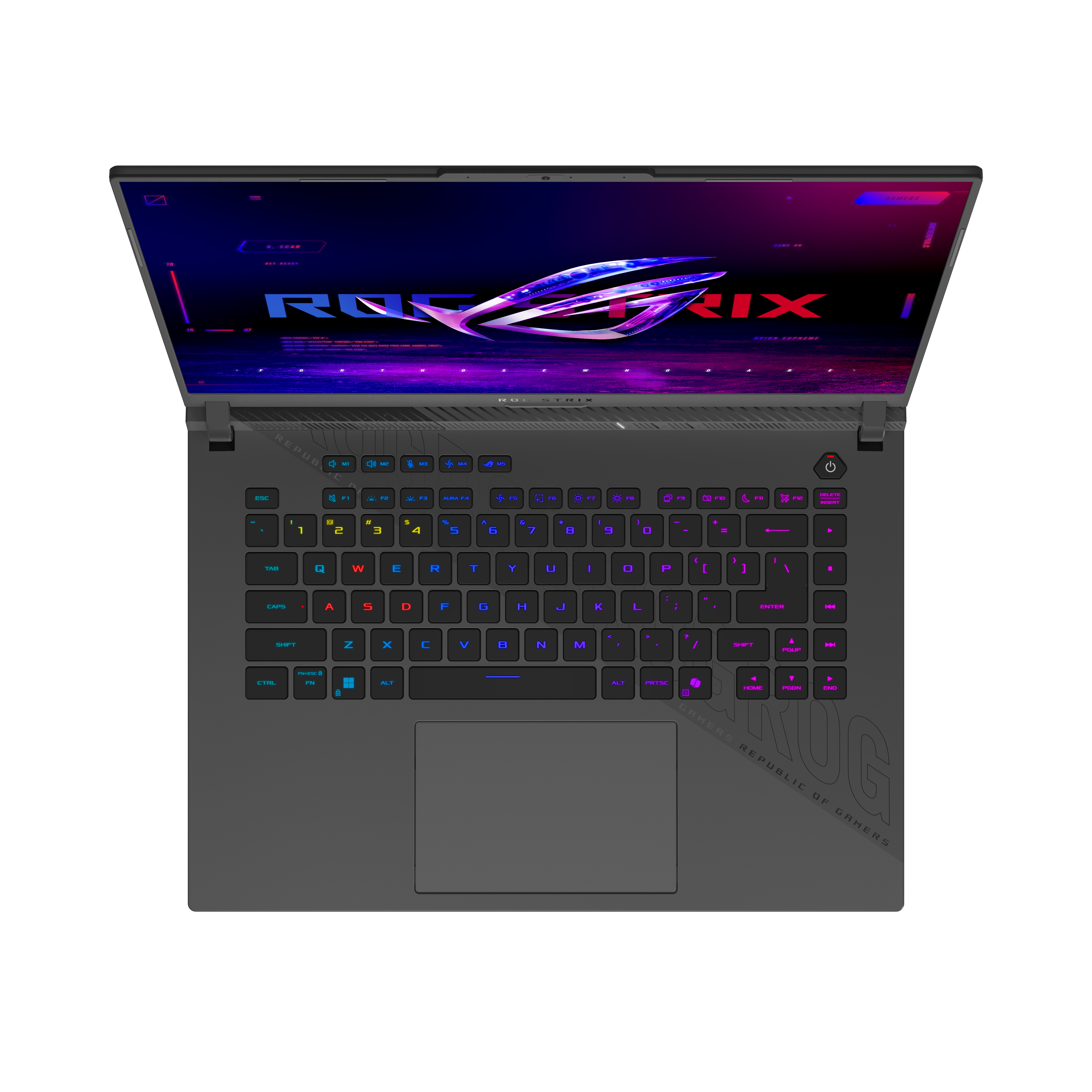 Offener Laptop auf schwarzem Hintergrund, Tastatur mit bunten Tasten, Bildschirm zeigt ROG-Logo und ROG STRIX-Text.