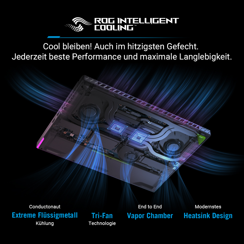 Das Bild zeigt das Kühlsystem eines Laptops mit Text über fortschrittliche Kühltechnologie und ihre Vorteile auf dunklem Hintergrund.