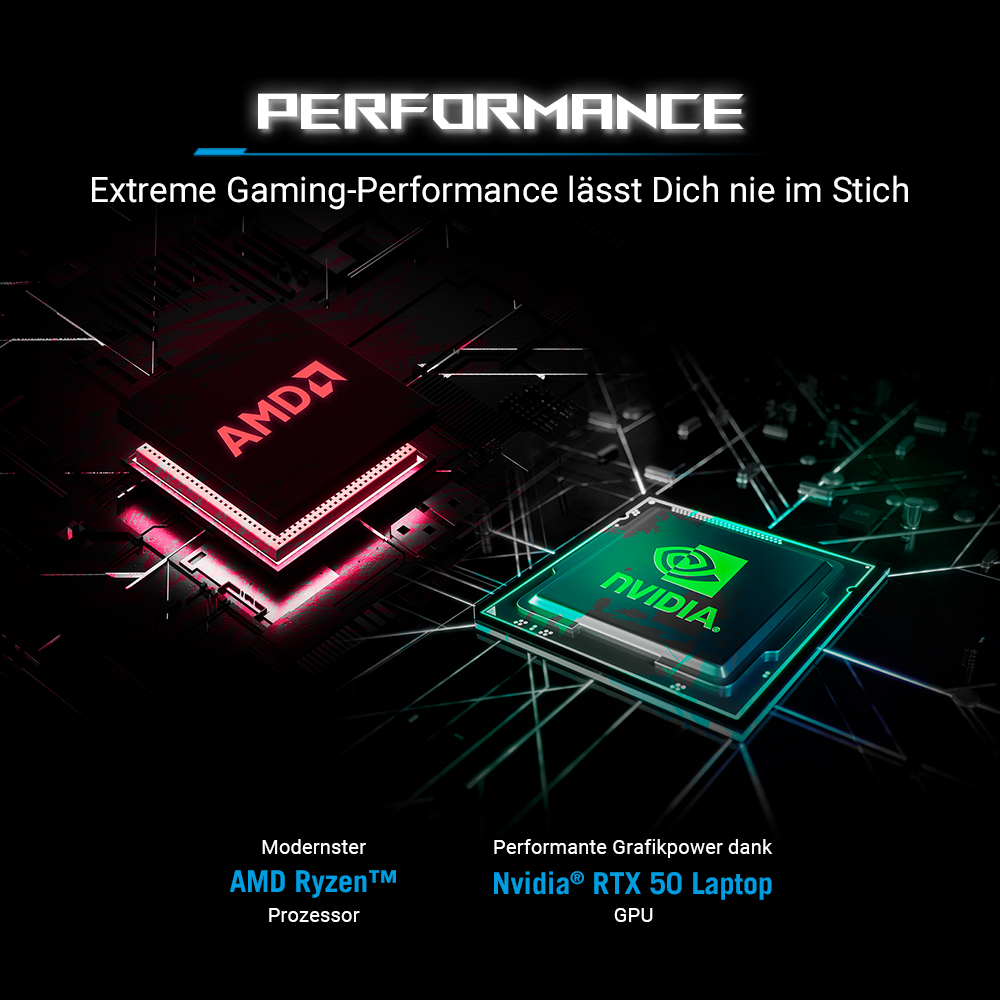 Das Bild zeigt AMD- und Nvidia-Logos. Text hebt die Leistung mit AMD Ryzen Prozessor und Nvidia RTX 50 Laptop GPU hervor.