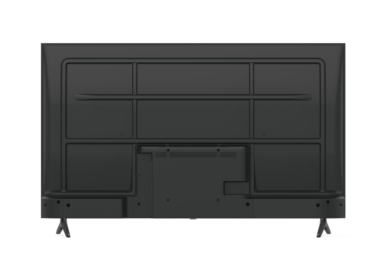 Se muestra la parte trasera de un televisor de pantalla plana negro. Tiene secciones rectangulares, puertos y dos patas de soporte. El fondo es blanco.