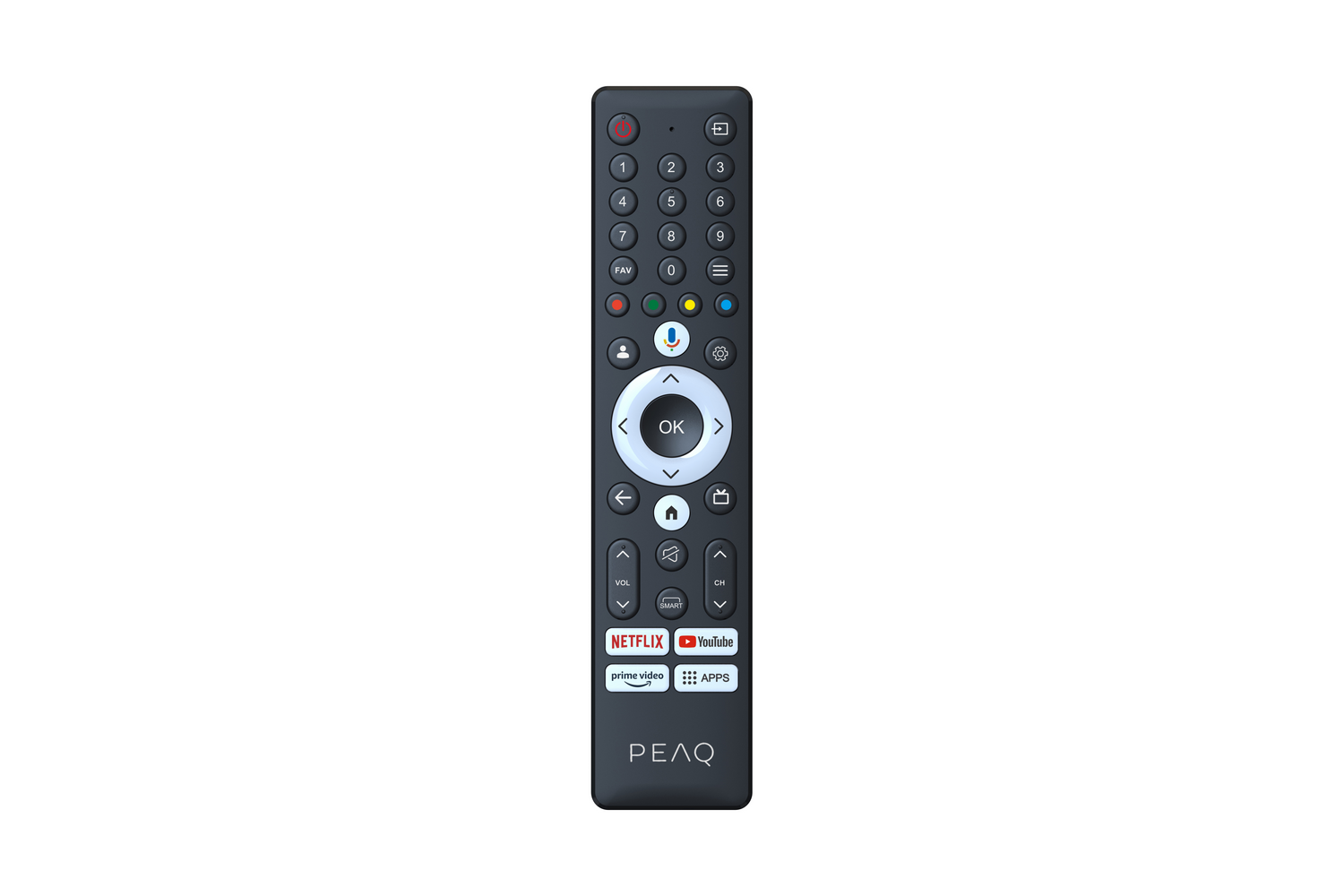 Un mando a distancia negro con botones para números, volumen y aplicaciones de streaming como Netflix y YouTube. La marca es PEAQ.