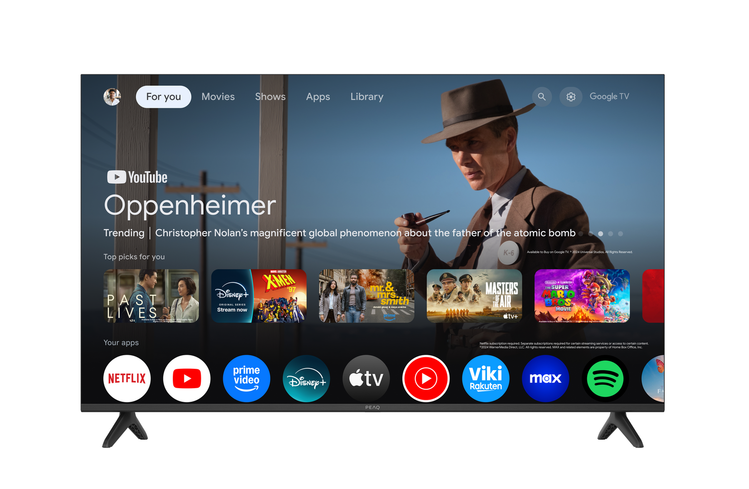 Una pantalla de TV muestra la película Oppenheimer de YouTube. Se muestran otras aplicaciones como Netflix, Disney+ y Prime Video.