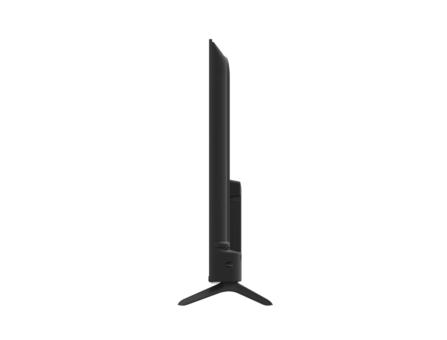 Se ve un televisor de pantalla plana negro desde un lado. Tiene un soporte y está sobre un fondo blanco.