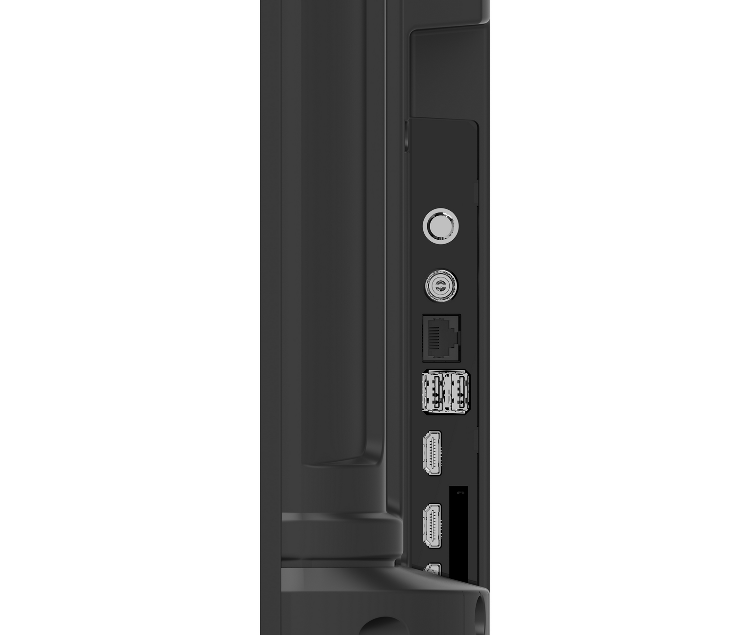 Primer plano del lado de un dispositivo negro. Puertos visibles: coaxial, Ethernet, USB, HDMI y otros. El fondo es blanco.