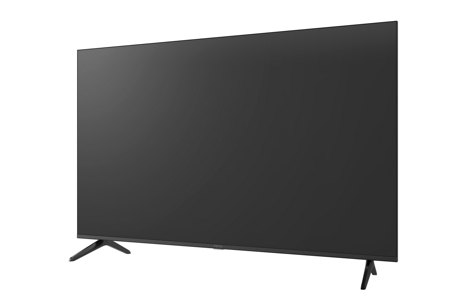 Un televisor de pantalla plana negro sobre fondo blanco. Tiene dos patas negras. La marca PEAQ es visible.