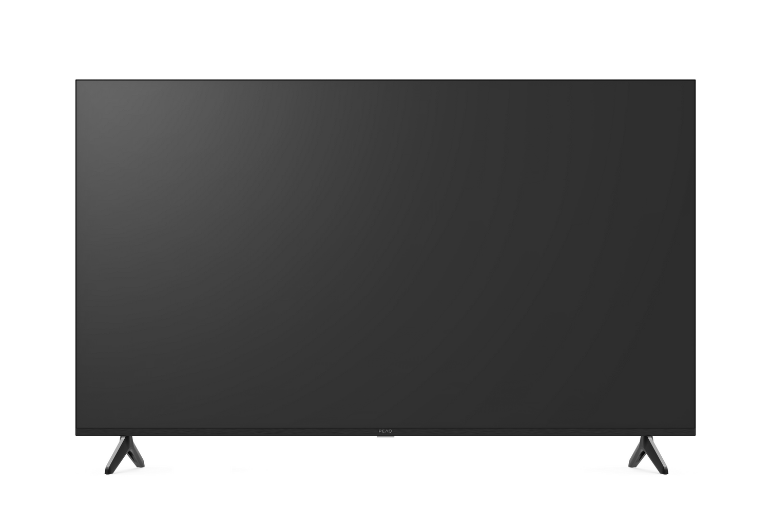 Un televisor de pantalla plana grande y negro con una pantalla oscura. Tiene dos patas en ángulo. La marca PEAQ es visible.