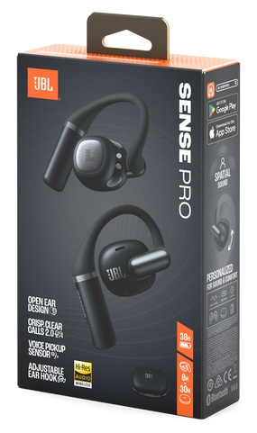 Słuchawki JBL Sense Pro na pudełku. Czarne słuchawki z haczykami na uszy. Pudełko ma logo JBL, nazwę produktu i funkcje.