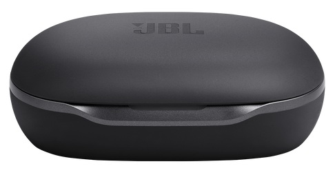 Zamknięte, czarne etui na słuchawki JBL. Logo JBL wytłoczone na górze. Etui ma zaokrąglony kształt z ciemniejszym paskiem.