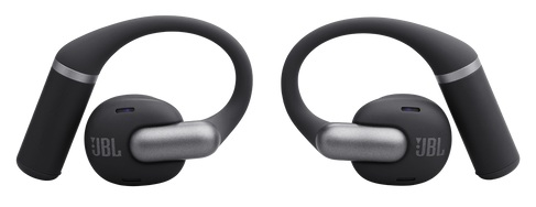 Dwa czarne słuchawki sportowe JBL z szarymi akcentami i logo JBL. Zakładane na ucho, mają zaokrąglone wkładki.