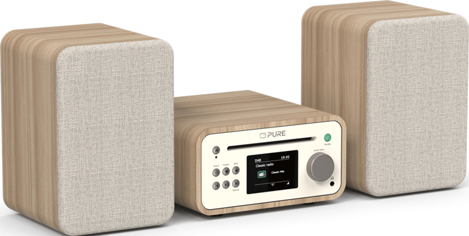 Un impianto stereo in legno con due altoparlanti e un'unità centrale. L'unità ha uno schermo che mostra le informazioni radio.