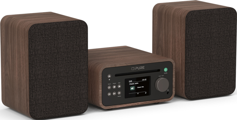 Un impianto stereo con un'unità centrale e due altoparlanti. Il sistema è in legno marrone con tessuto per altoparlanti grigio scuro.