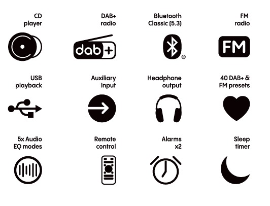 Icone raffiguranti funzioni audio: lettore CD, radio DAB+, Bluetooth, radio FM, riproduzione USB, ingresso ausiliario, uscita cuffie e altro.