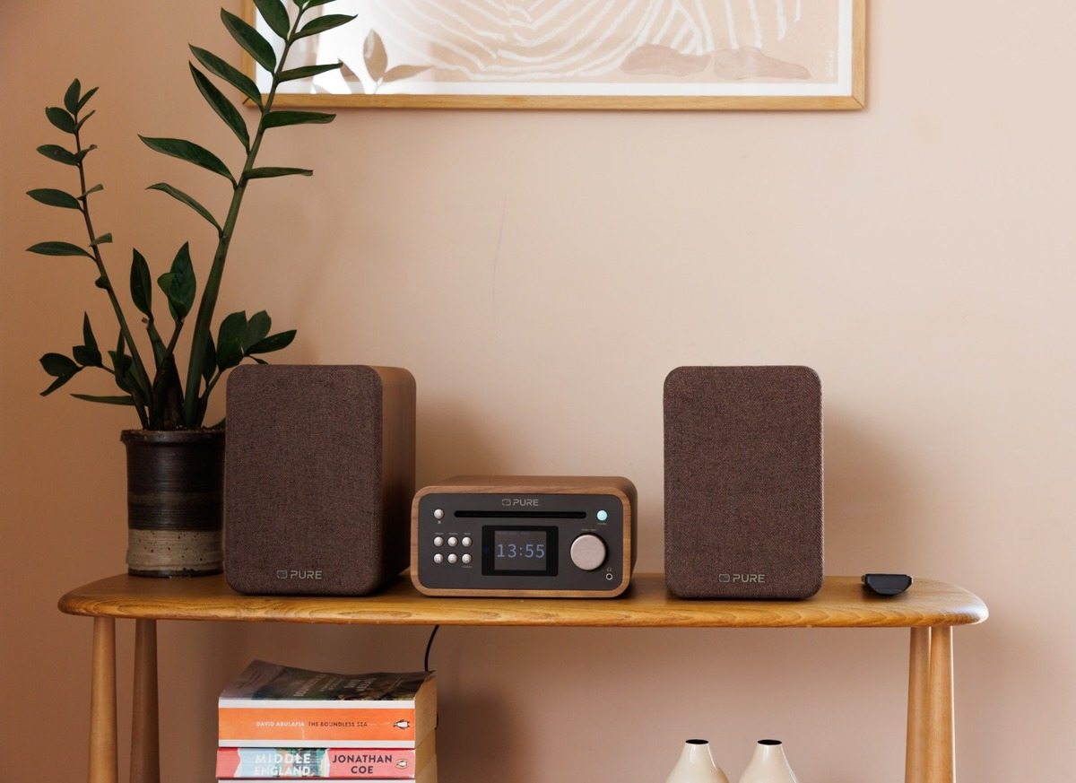 Uno stereo in legno con due altoparlanti e una pianta su una mensola di legno. Libri e vasi sotto.