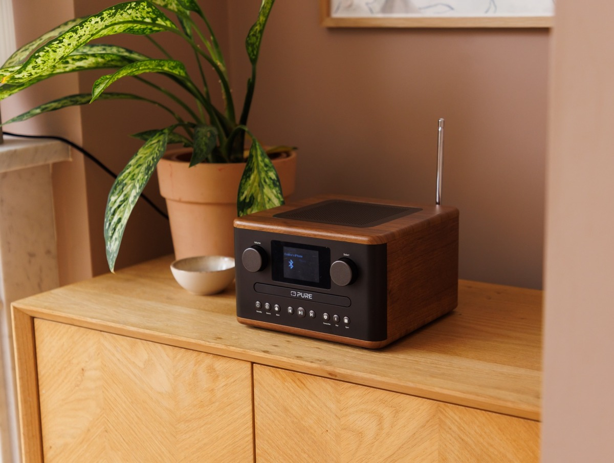 Une radio en bois sur un meuble en bois. Derrière, une plante en pot. À gauche, un petit bol blanc.