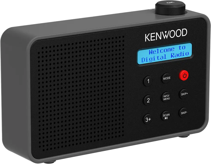 Une radio numérique Kenwood avec un écran affichant "Welcome to Digital Radio". Elle possède des boutons et un bouton rotatif.