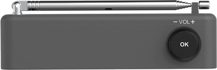 Une radio grise avec une antenne. Elle possède des commandes de volume et un bouton 'OK'. L'antenne est déployée.
