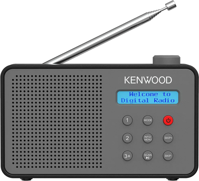 Une radio numérique Kenwood grise avec antenne. L'écran affiche 'Welcome to Digital Radio'. Les boutons incluent marche/arrêt, mode et passer.