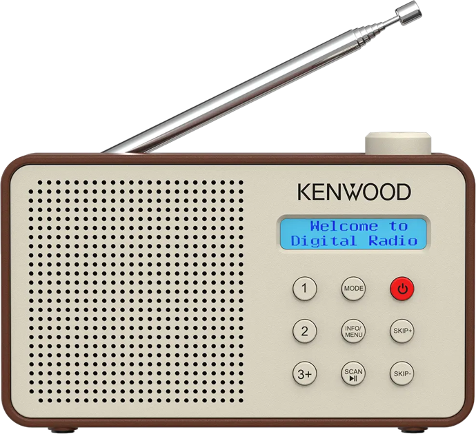 Una radio digitale Kenwood con antenna. Lo schermo dice 'Welcome to Digital Radio'. Pulsanti: accensione, modalità e skip.