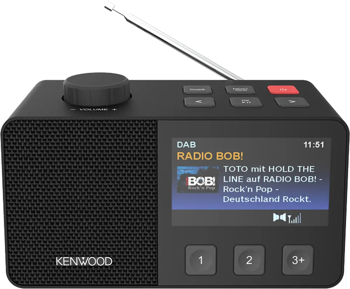 Une radio Kenwood noire avec un écran affichant 'Radio Bob!', des boutons et une antenne.